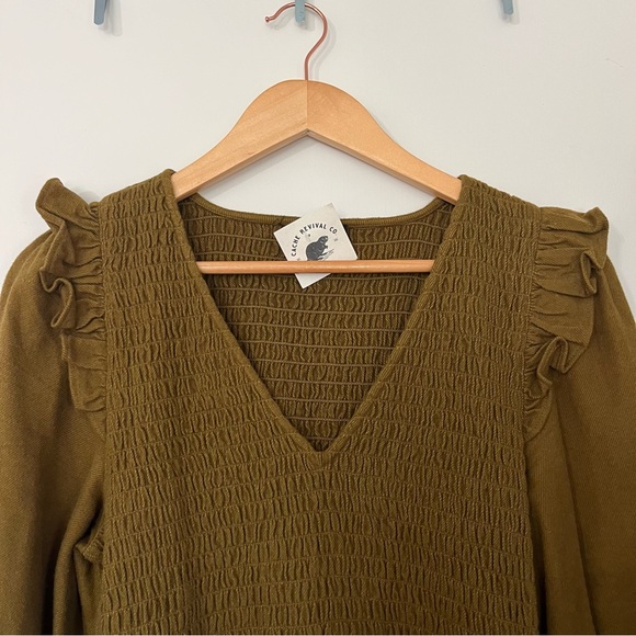 MADEWELL Lucie V-neck Smocked Olive Green Mini Dress w/ Ruffle | women’s small - Picture 4 of 14